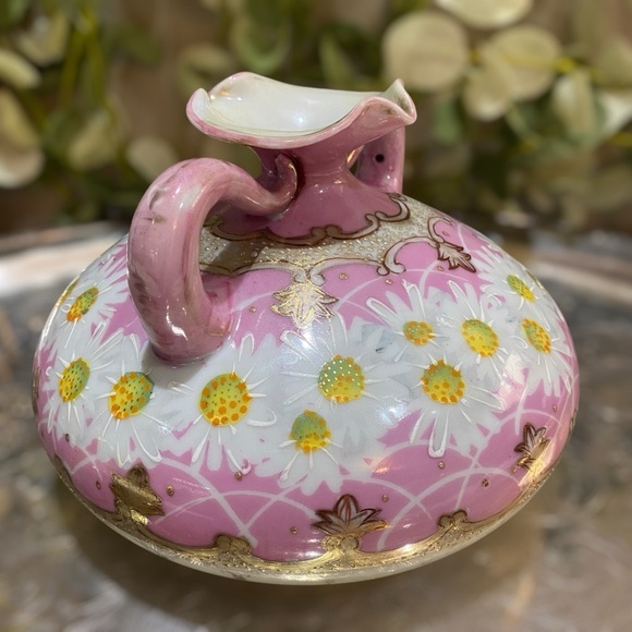 Antique Japan Nippon Vase Daisies Hand Painted Moriage Beaded Pink Handled Squat - Picture 4 of 10